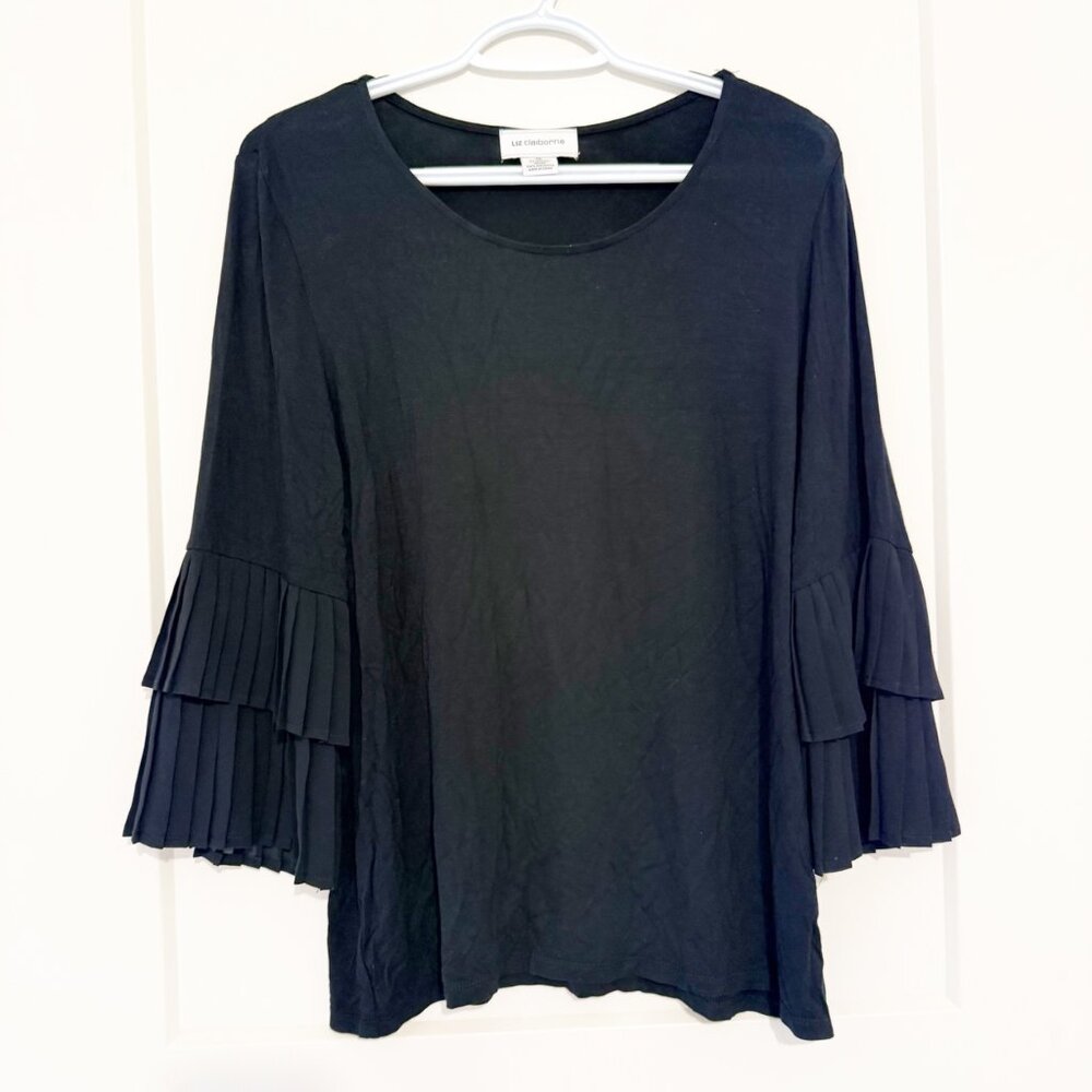 Liz Claiborne Womens Black Top Medium Rayon/Spandex Blend 3/4 Pleated Sleeve Top